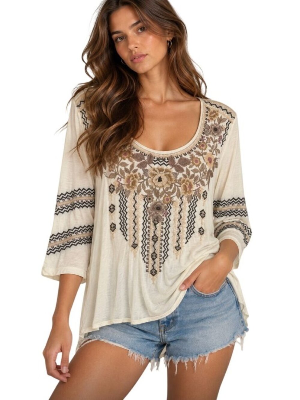 Johnny Was Marushka 3/4 Sleeve Trapeze Tee Top - size XS